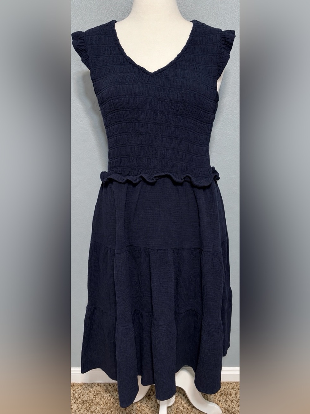 C&C California Navy Smocked Tiered Midi Dress Ruffle Pockets Cottagecore Large